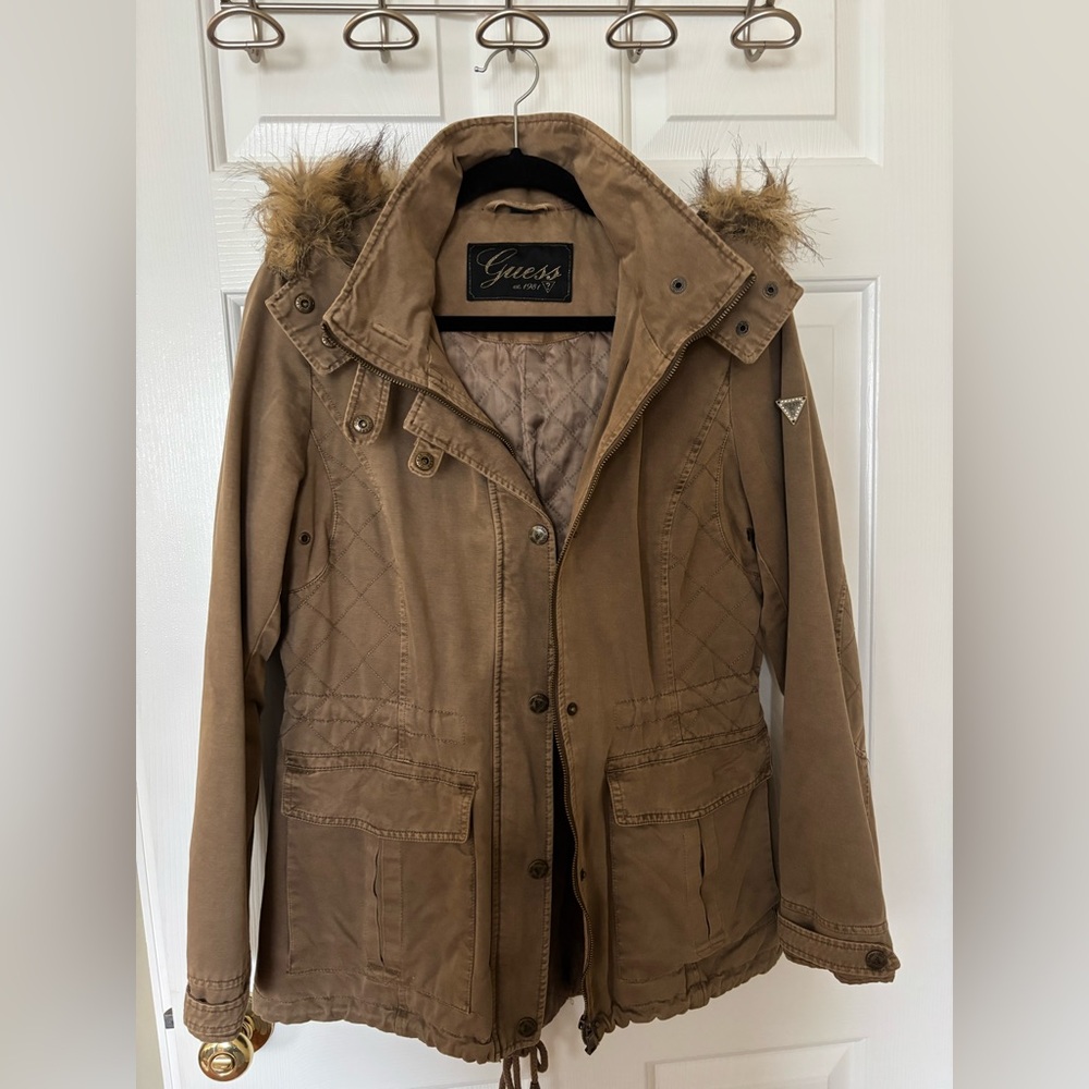 Guess Women's Tan Jacket with Faux Fur Hood